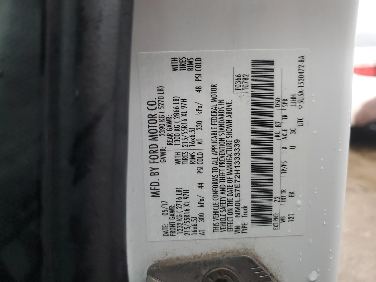 2017 Ford Transit VIN NM0LS7E72H1333339 Copart auction photo, rear end / side damage thumbnail 14
