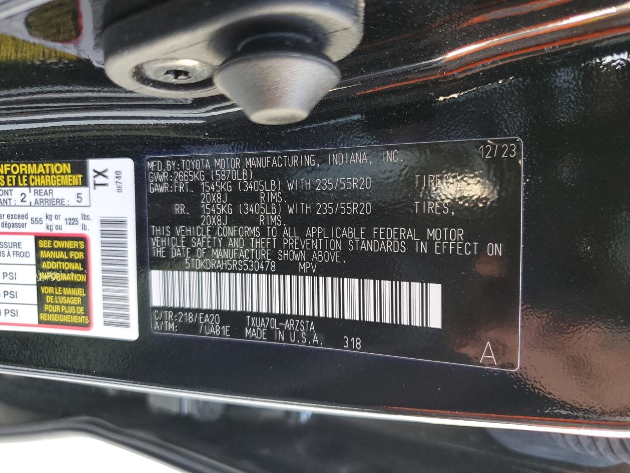 2024 Toyota Highlander VIN 5TDKDRAH5RS530478 Copart auction photo, front end / mechanical damage thumbnail 12