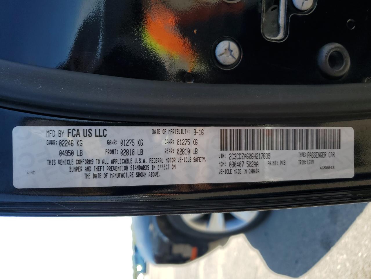 2016 Dodge Challenger VIN 2C3CDZAG0GH217639 Copart auction photo, front end / side damage thumbnail 12