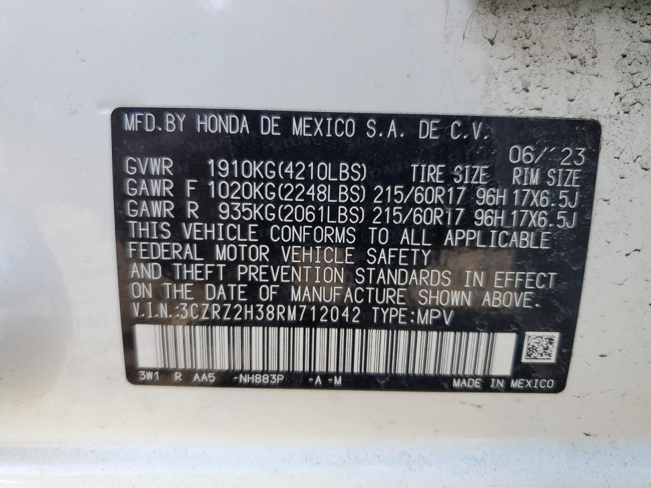 2024 Honda HR-V VIN 3CZRZ2H38RM712042 Copart auction photo, side / front end damage thumbnail 13
