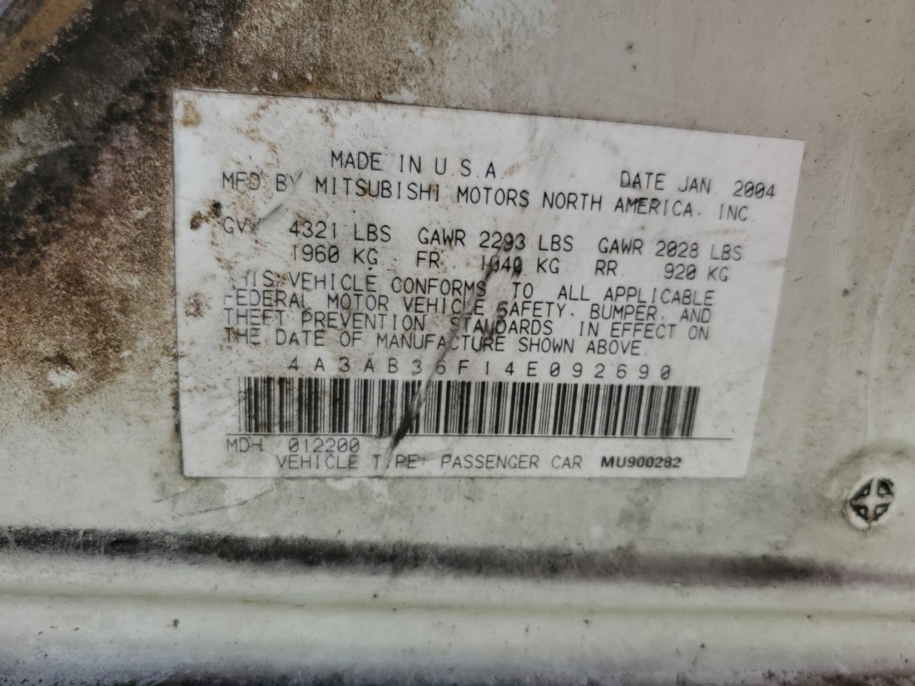 2004 Mitsubishi Galant VIN 4A3AB36F14E092690 Copart auction photo, rear end damage thumbnail 12
