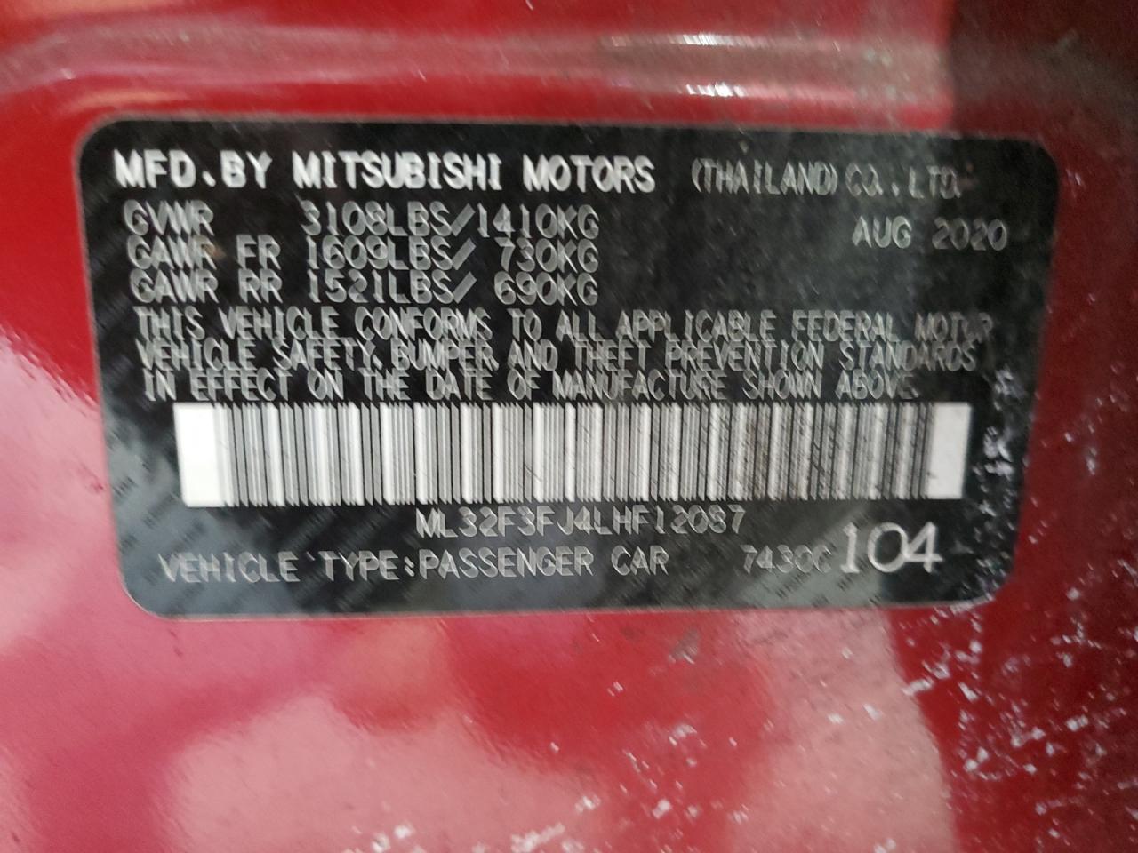 2020 Mitsubishi Mirage VIN ML32F3FJ4LHF12087 Copart auction photo, front end / all over damage thumbnail 12