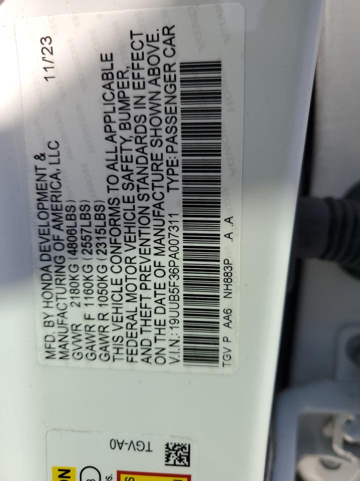 2023 Acura TLX VIN 19UUB5F36PA007311 Copart auction photo, front end damage thumbnail 12
