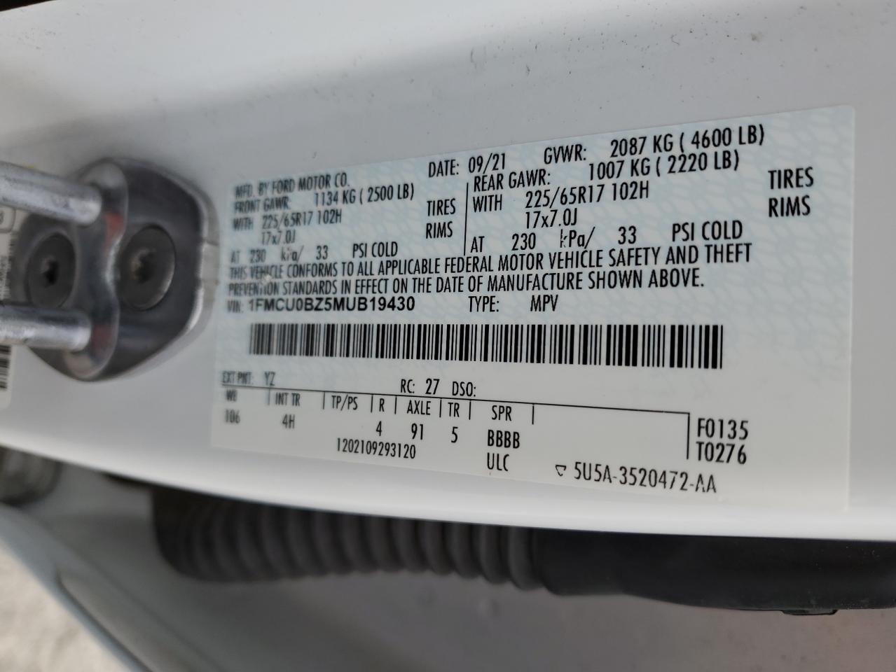 2021 Ford Escape VIN 1FMCU0BZ5MUB19430 Copart auction photo, undercarriage damage thumbnail 13