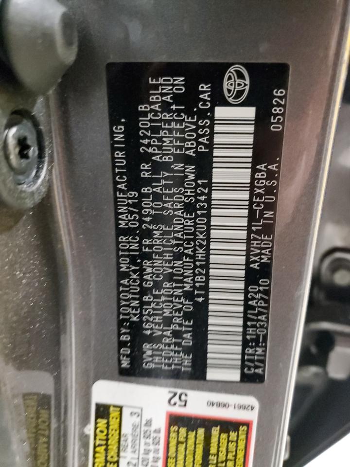 2019 Toyota Camry VIN 4T1B21HK2KU013421 Copart auction photo, rear end damage thumbnail 12