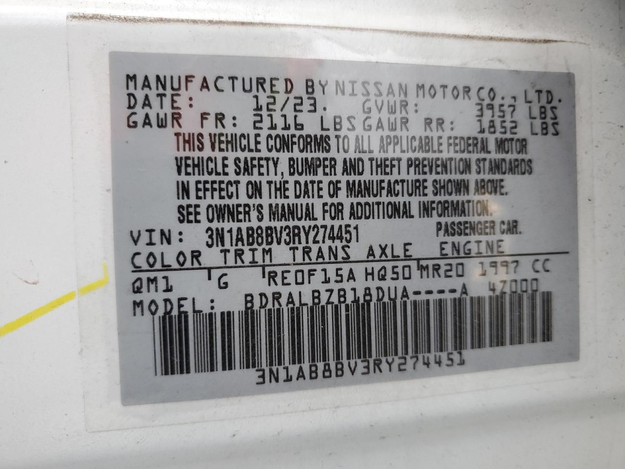 2024 Nissan Sentra VIN 3N1AB8BV3RY274451 Copart auction photo, front end damage thumbnail 14