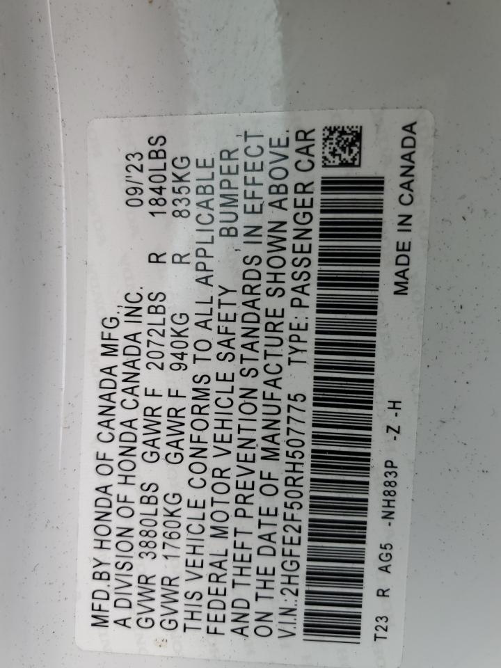 2024 Honda Civic VIN 2HGFE2F50RH507775 Copart auction photo, front end / minor dent/scratches damage thumbnail 13