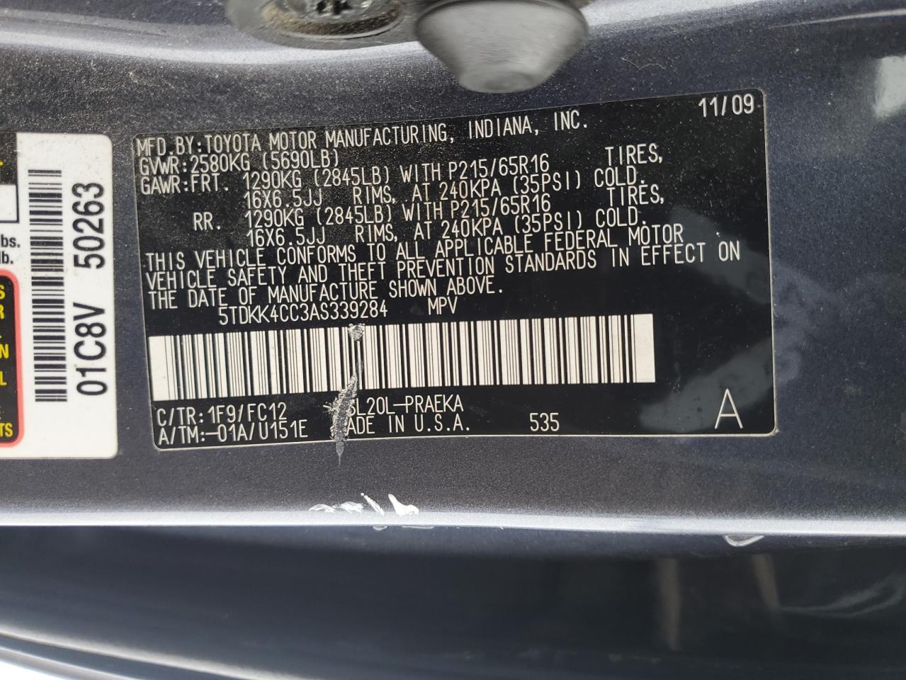 2010 Toyota Sienna VIN 5TDKK4CC3AS339284 Copart auction photo, front end / rear end damage thumbnail 16