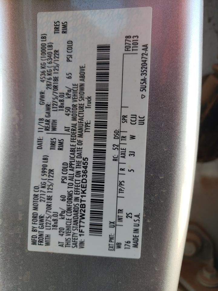 2019 Ford F250 VIN 1FT7W2BT1KED36455 Copart auction photo, front end damage thumbnail 12