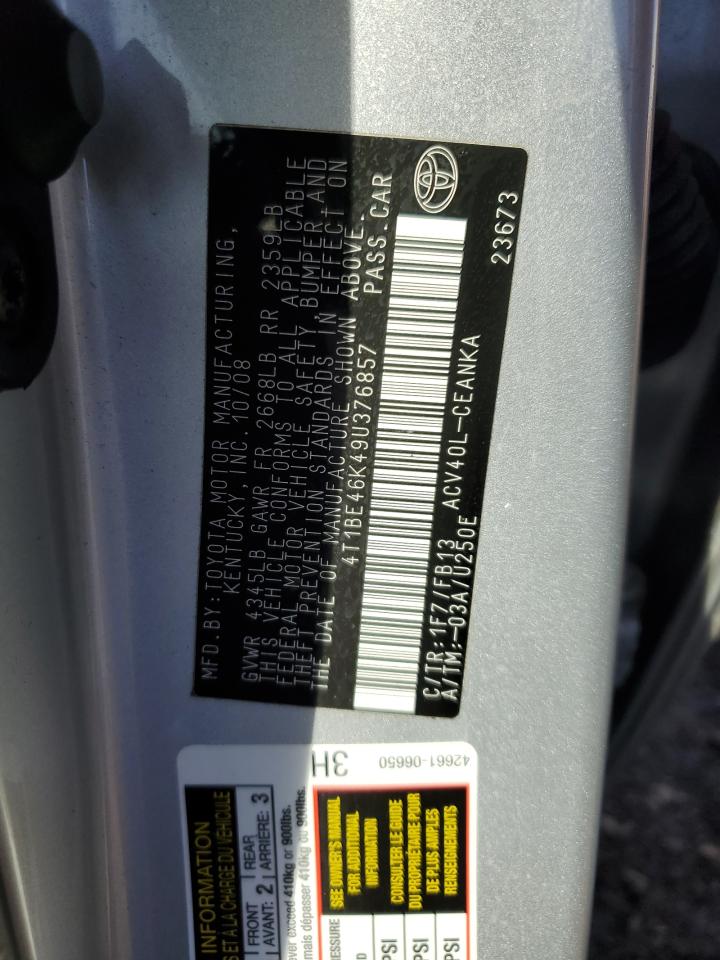 2009 Toyota Camry VIN 4T1BE46K49U376857 Copart auction photo, rear end / front end damage thumbnail 14