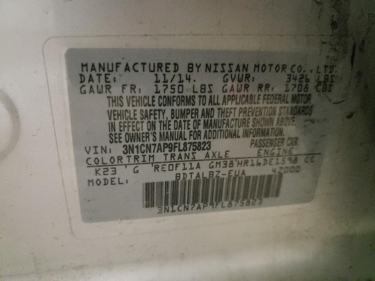 2015 Nissan Versa VIN 3N1CN7AP9FL875823 Copart auction photo, rear end / minor dent/scratches damage thumbnail 12