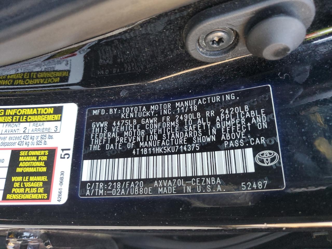 2019 Toyota Camry VIN 4T1B11HK5KU714375 Copart auction photo, side / minor dent/scratches damage thumbnail 12