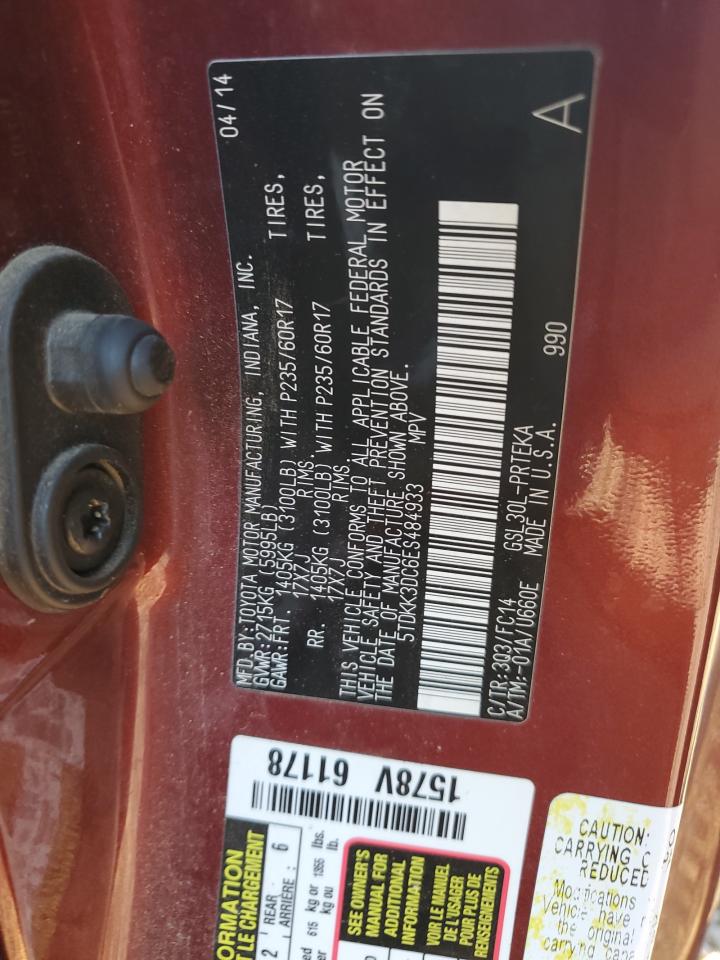 2014 Toyota Sienna VIN 5TDKK3DC6ES484933 Copart auction photo, front end / side damage thumbnail 15