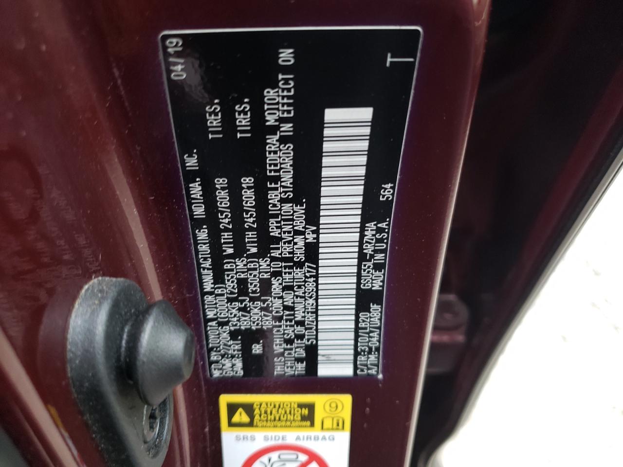 2019 Toyota Highlander VIN 5TDJZRFH9KS984177 Copart auction photo, all over damage thumbnail 13