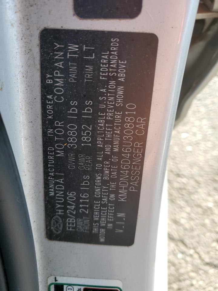 2006 Hyundai Elantra VIN KMHDN46D46U308810 Copart auction photo, front end / side damage thumbnail 14