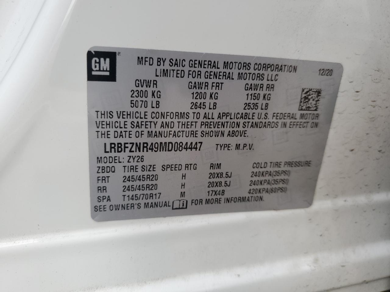 2021 Buick Envision VIN LRBFZNR49MD084447 Copart auction photo, front end damage thumbnail 14