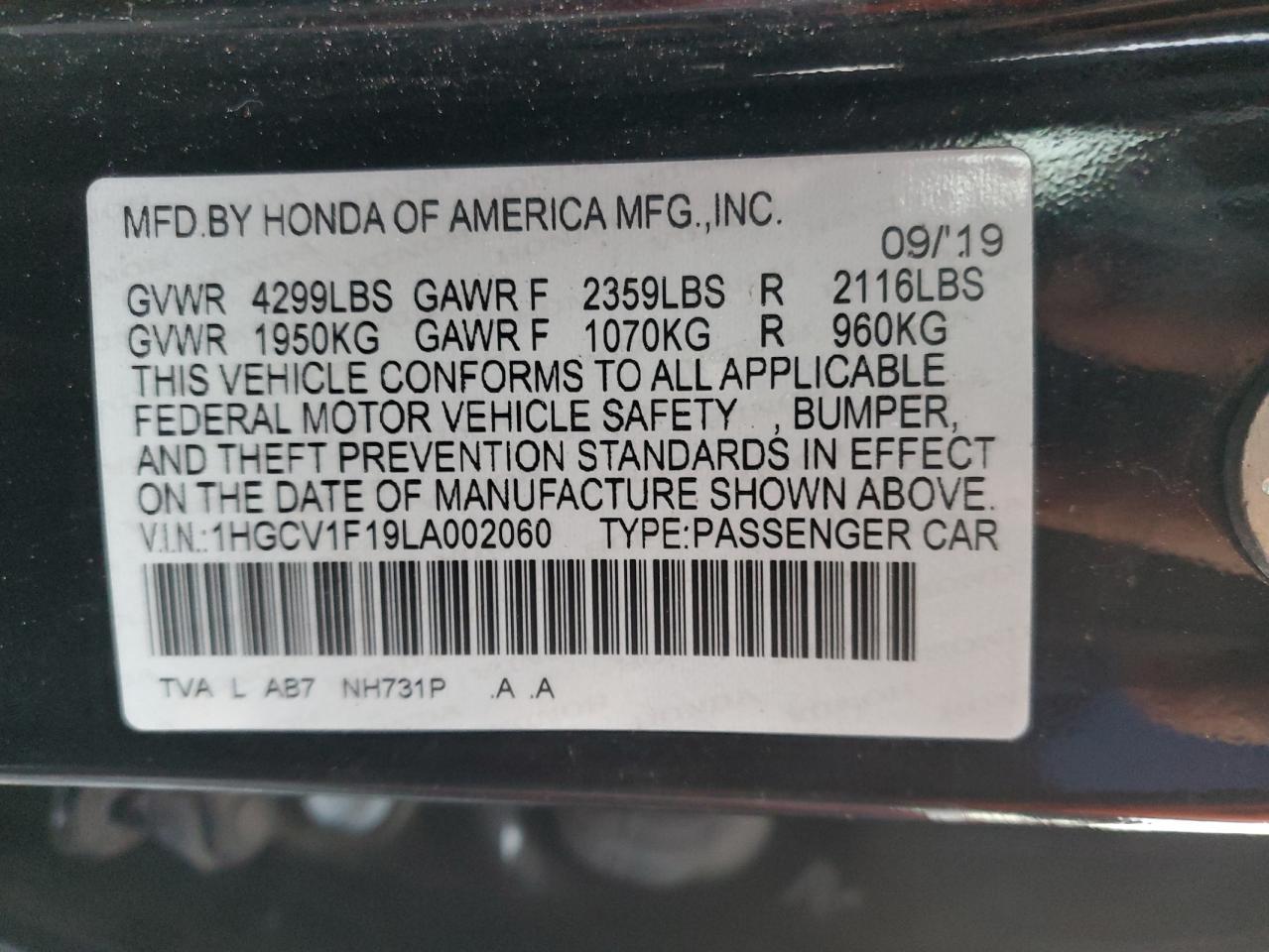 2020 Honda Accord VIN 1HGCV1F19LA002060 Copart auction photo, front end damage thumbnail 12