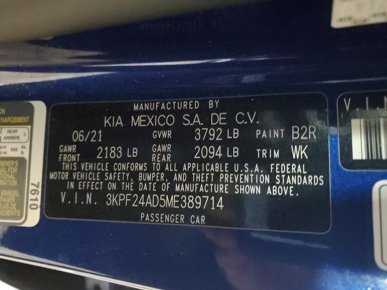 2021 KIA Forte VIN 3KPF24AD5ME389714 Copart auction photo, vandalism / all over damage thumbnail 14