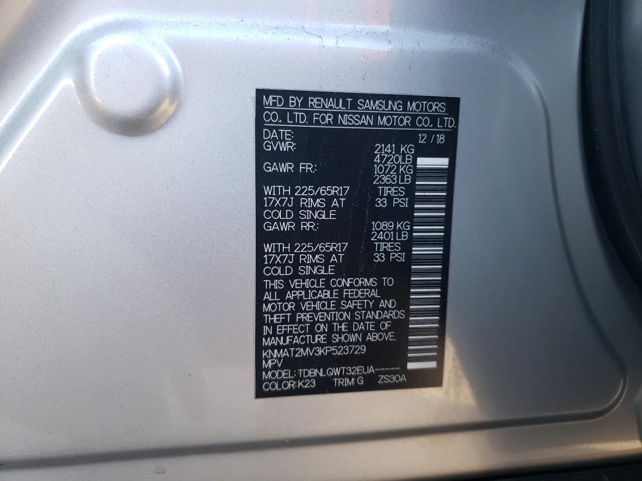 2019 Nissan Rogue VIN KNMAT2MV3KP523729 Copart auction photo, front end / rear end damage thumbnail 13