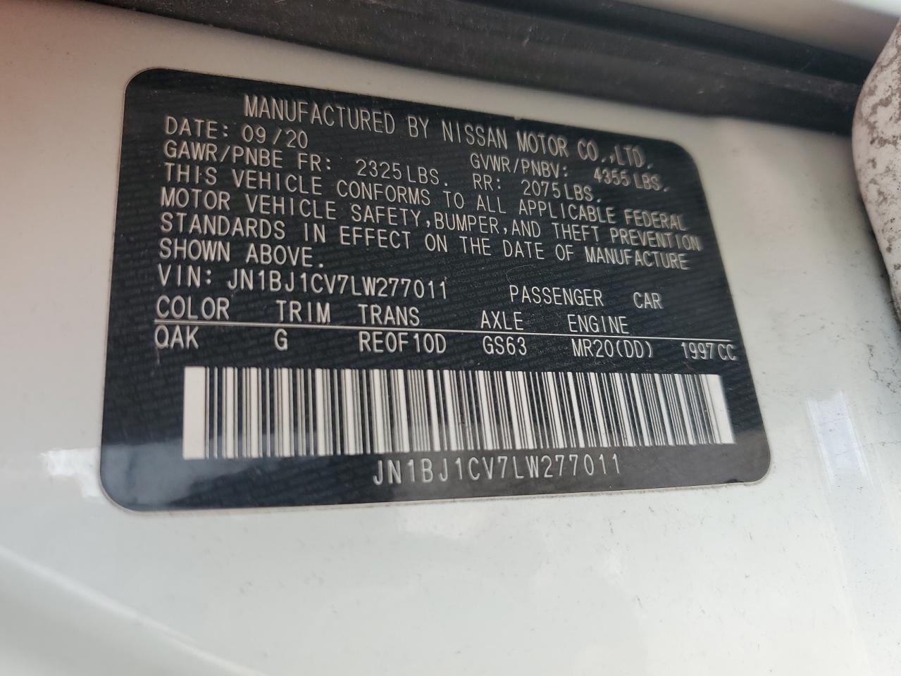 2020 Nissan Rogue VIN JN1BJ1CV7LW277011 Copart auction photo, stripped damage thumbnail 14