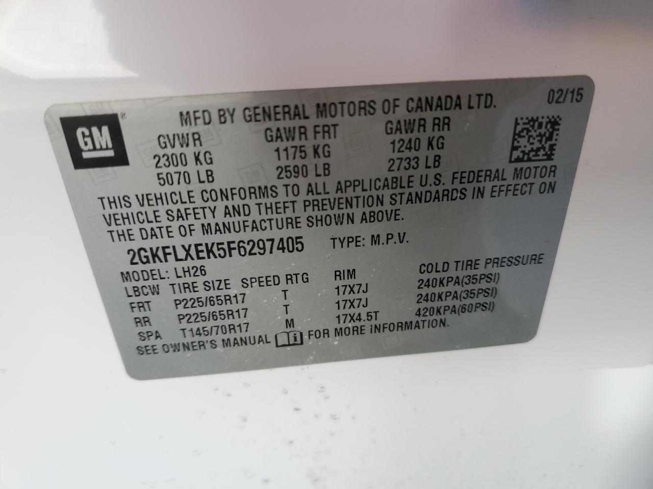 2015 GMC Terrain VIN 2GKFLXEK5F6297405 Copart auction photo, minor dent/scratches damage thumbnail 13