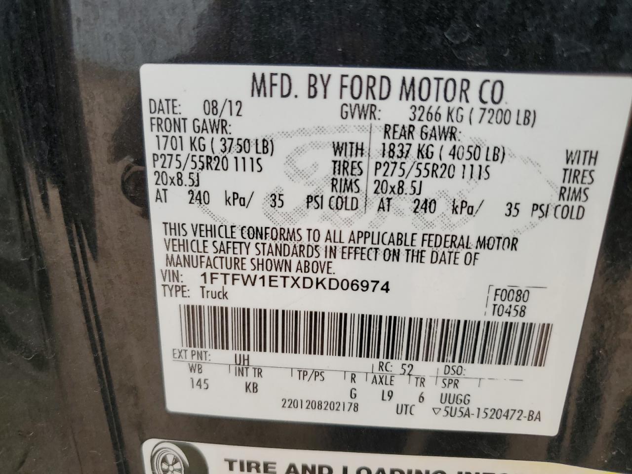 2013 Ford F-150 VIN 1FTFW1ETXDKD06974 Copart auction photo, front end damage thumbnail 12
