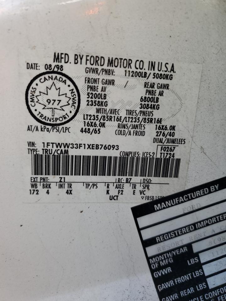 1999 Ford F350 VIN 1FTWW33F1XEB76093 Copart auction photo, vandalism damage thumbnail 12