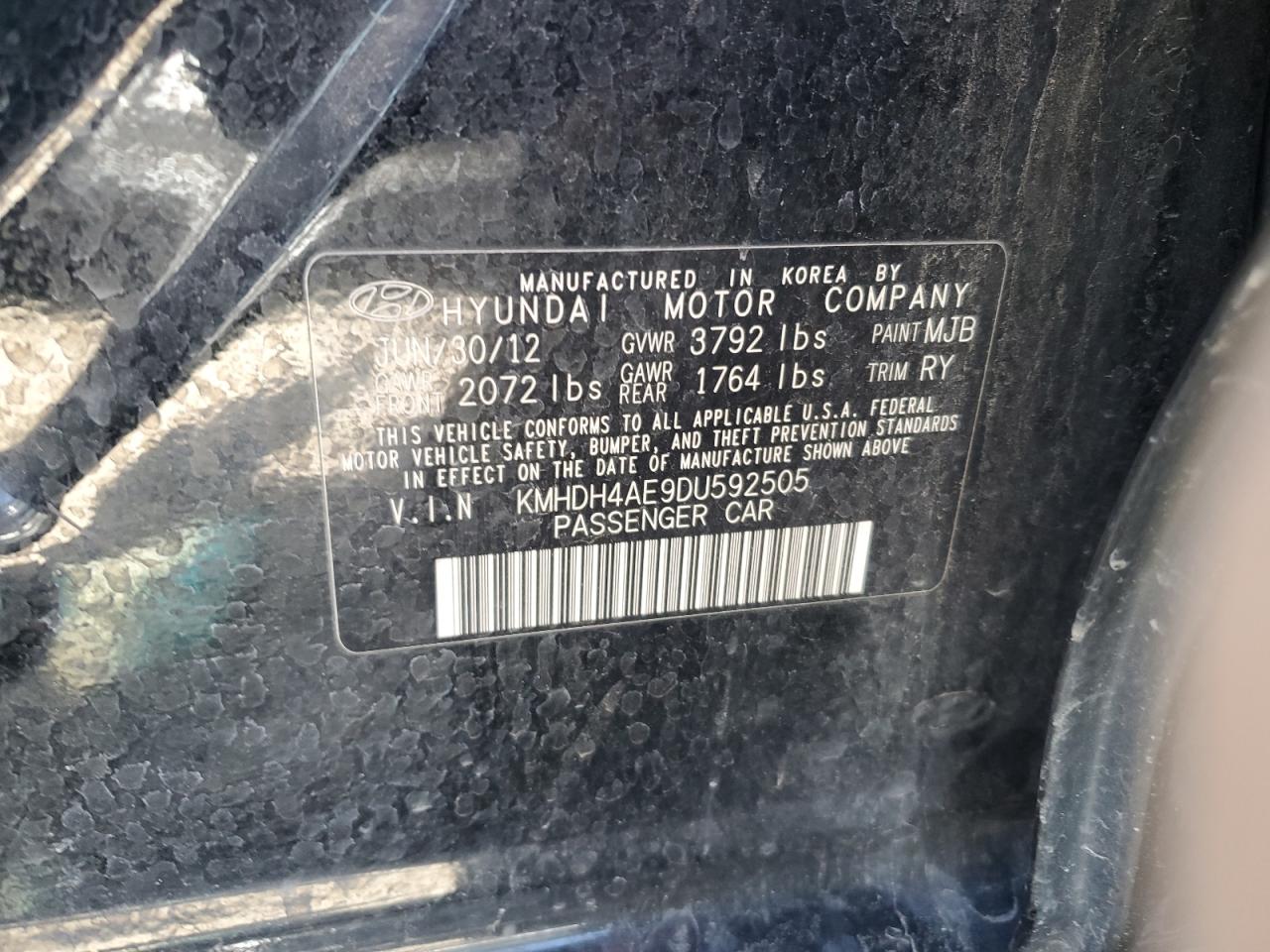 2013 Hyundai Elantra VIN KMHDH4AE9DU592505 Copart auction photo, front end damage thumbnail 13