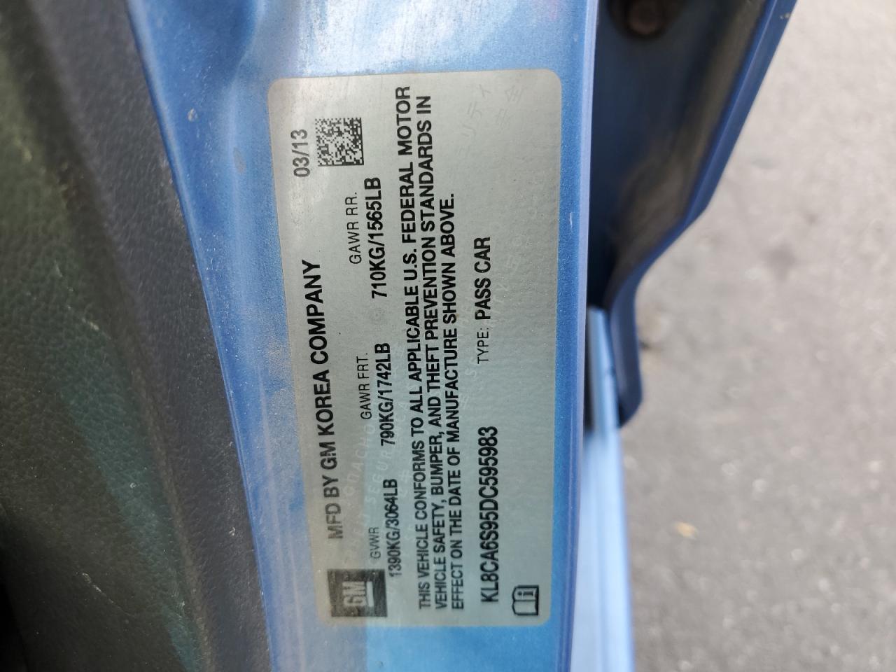 2013 Chevrolet Spark VIN KL8CA6S95DC595983 Copart auction photo, all over damage thumbnail 15