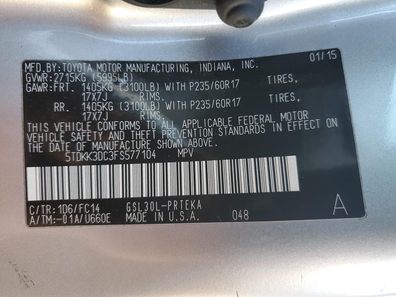 2015 Toyota Sienna VIN 5TDKK3DC3FS577104 Copart auction photo, rear end damage thumbnail 14