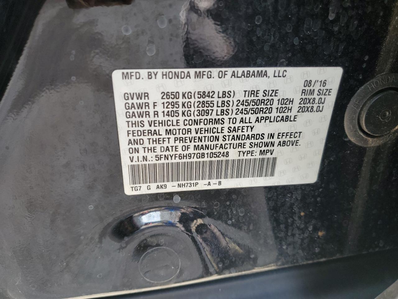 2016 Honda Pilot VIN 5FNYF6H97GB105248 Copart auction photo, front end damage thumbnail 12