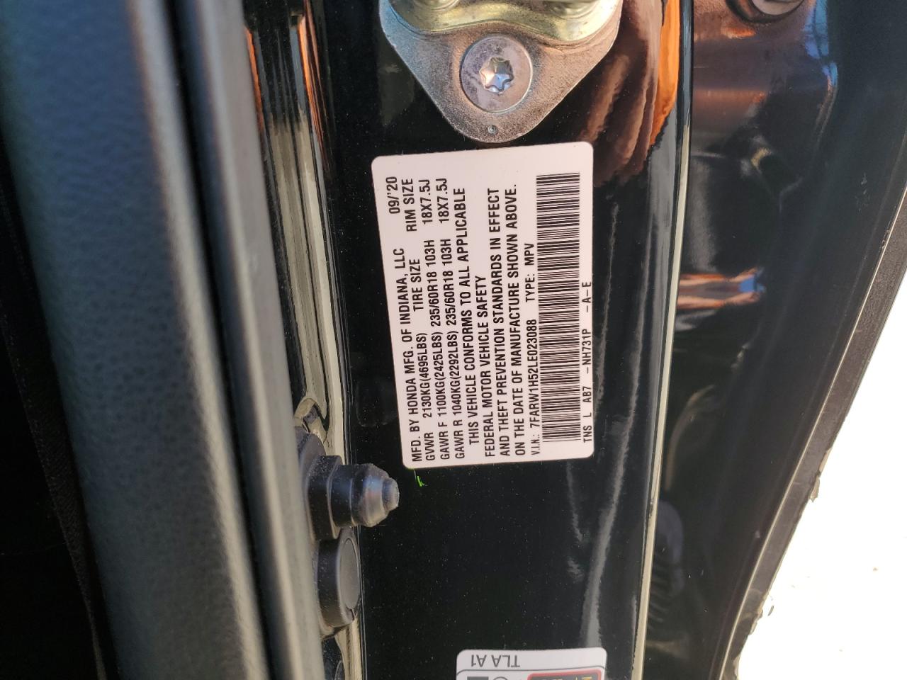 2020 Honda CR-V VIN 7FARW1H52LE023088 Copart auction photo, front end / side damage thumbnail 13