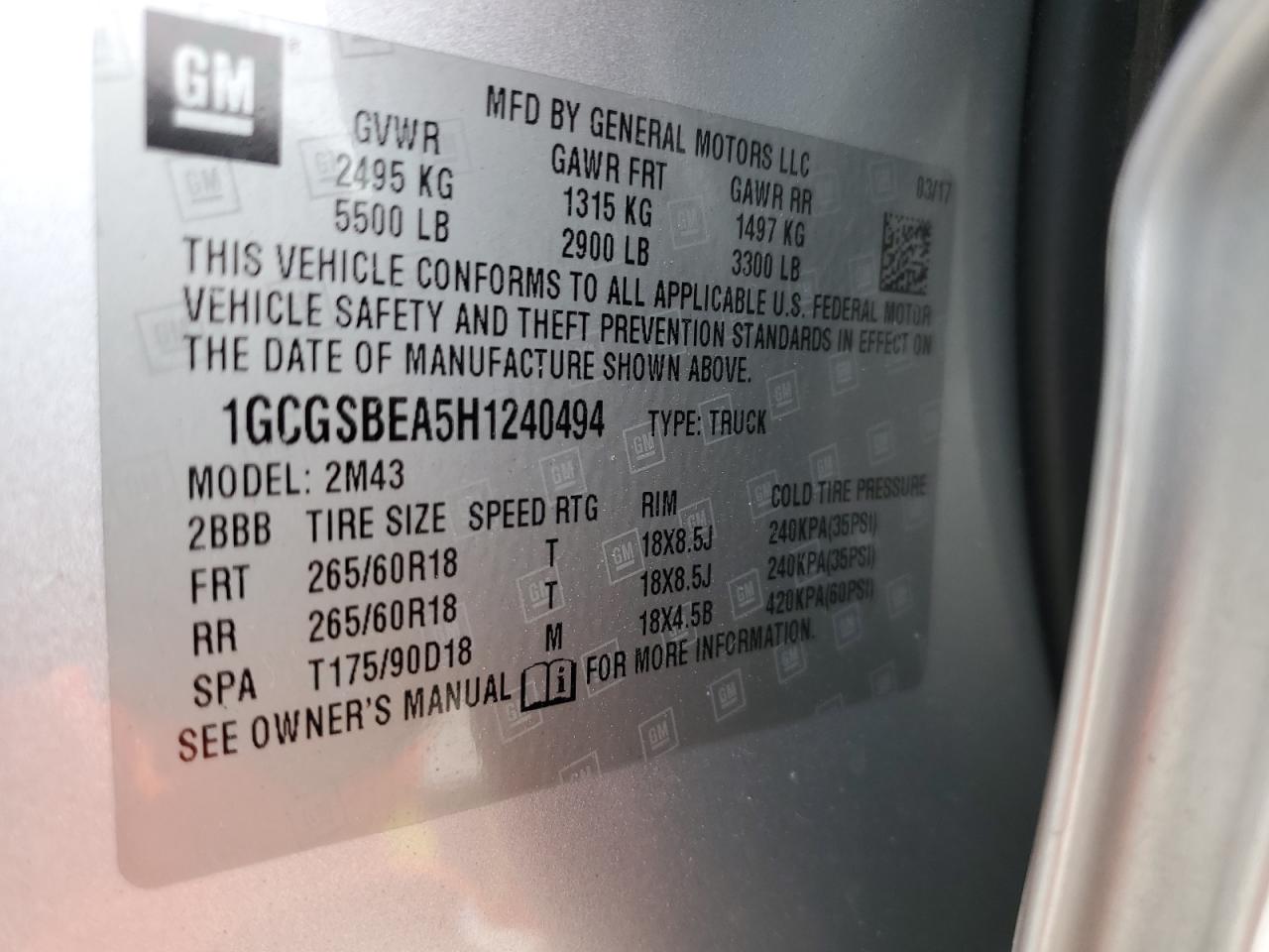2017 Chevrolet Colorado VIN 1GCGSBEA5H1240494 Copart auction photo, front end damage thumbnail 12