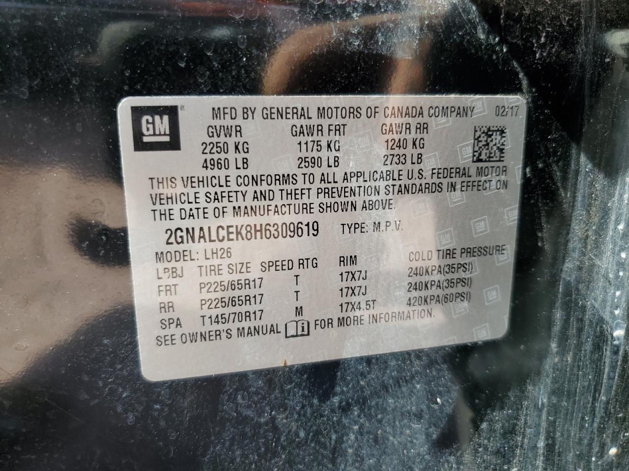 2017 Chevrolet Equinox VIN 2GNALCEK8H6309619 Copart auction photo, side / minor dent/scratches damage thumbnail 15