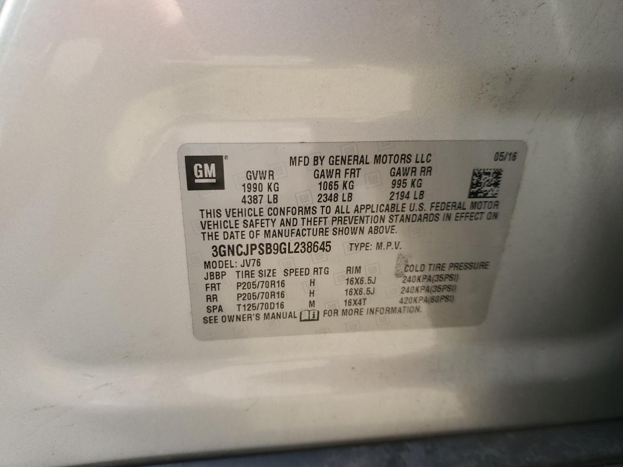 2016 Chevrolet Trax VIN 3GNCJPSB9GL238645 Copart auction photo, front end / side damage thumbnail 13
