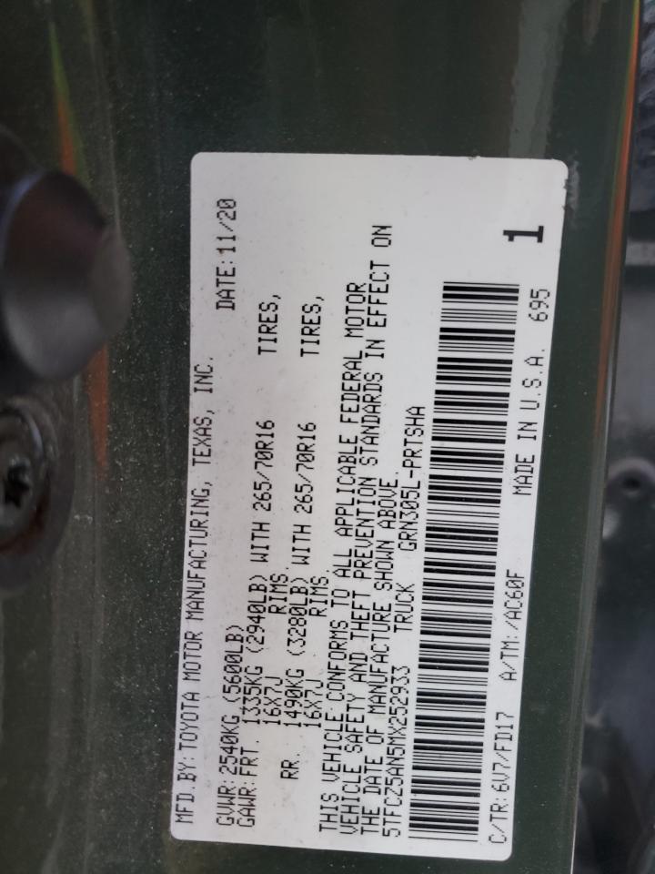 2021 Toyota Tacoma VIN 5TFCZ5AN5MX252933 Copart auction photo, front end / side damage thumbnail 14