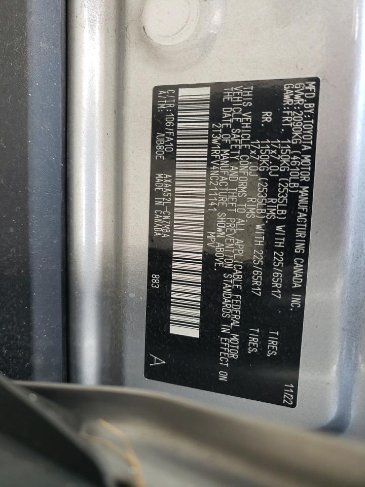 2022 Toyota RAV 4 VIN 2T3W1RFV4NC211141 Copart auction photo, top/roof damage thumbnail 14