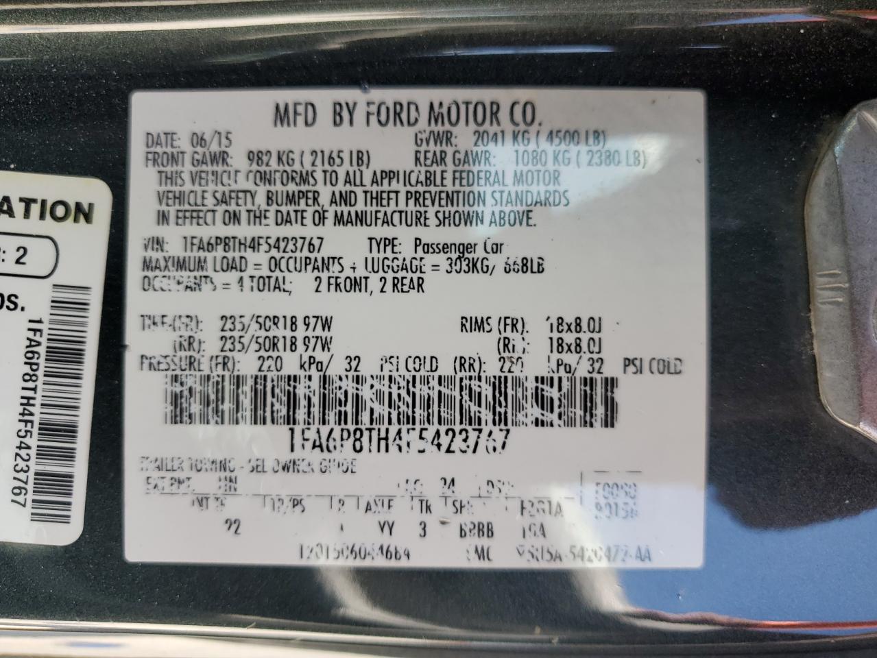 2015 Ford Mustang VIN 1FA6P8TH4F5423767 Copart auction photo, front end / rear end damage thumbnail 12