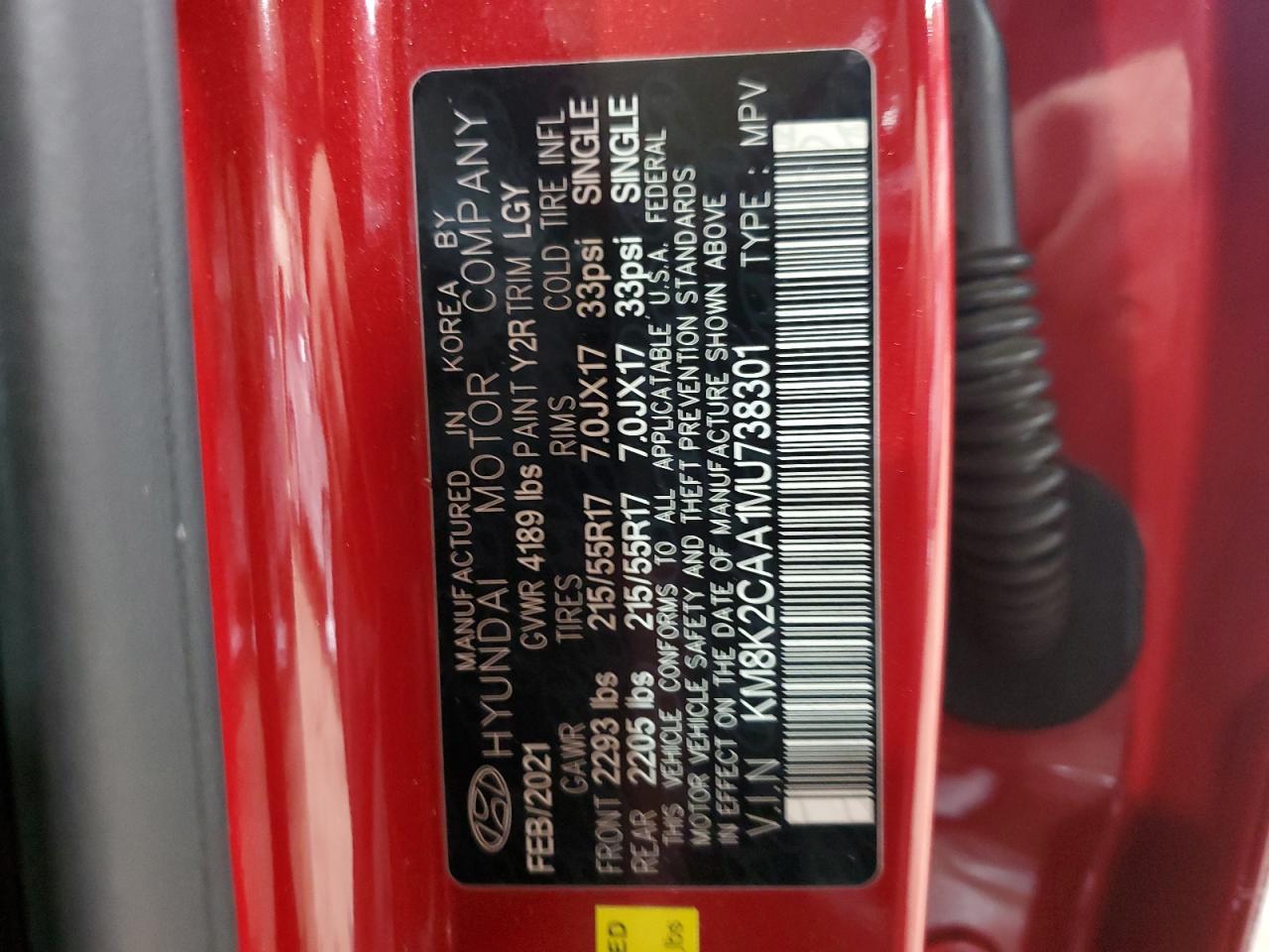 2021 Hyundai Kona VIN KM8K2CAA1MU738301 Copart auction photo, front end damage thumbnail 15