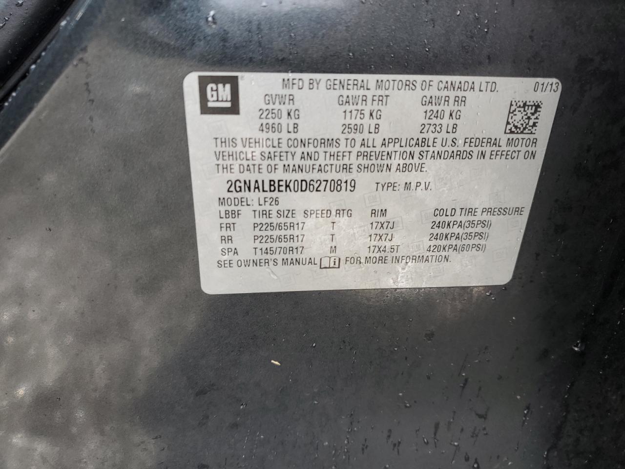 2013 Chevrolet Equinox VIN 2GNALBEK0D6270819 Copart auction photo, front end damage thumbnail 15