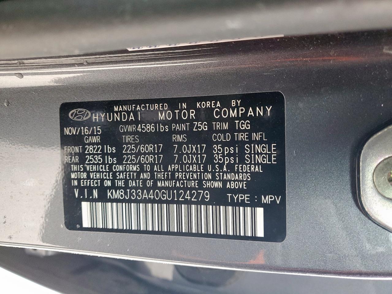 2016 Hyundai Tucson VIN KM8J33A40GU124279 Copart auction photo, front end damage thumbnail 13