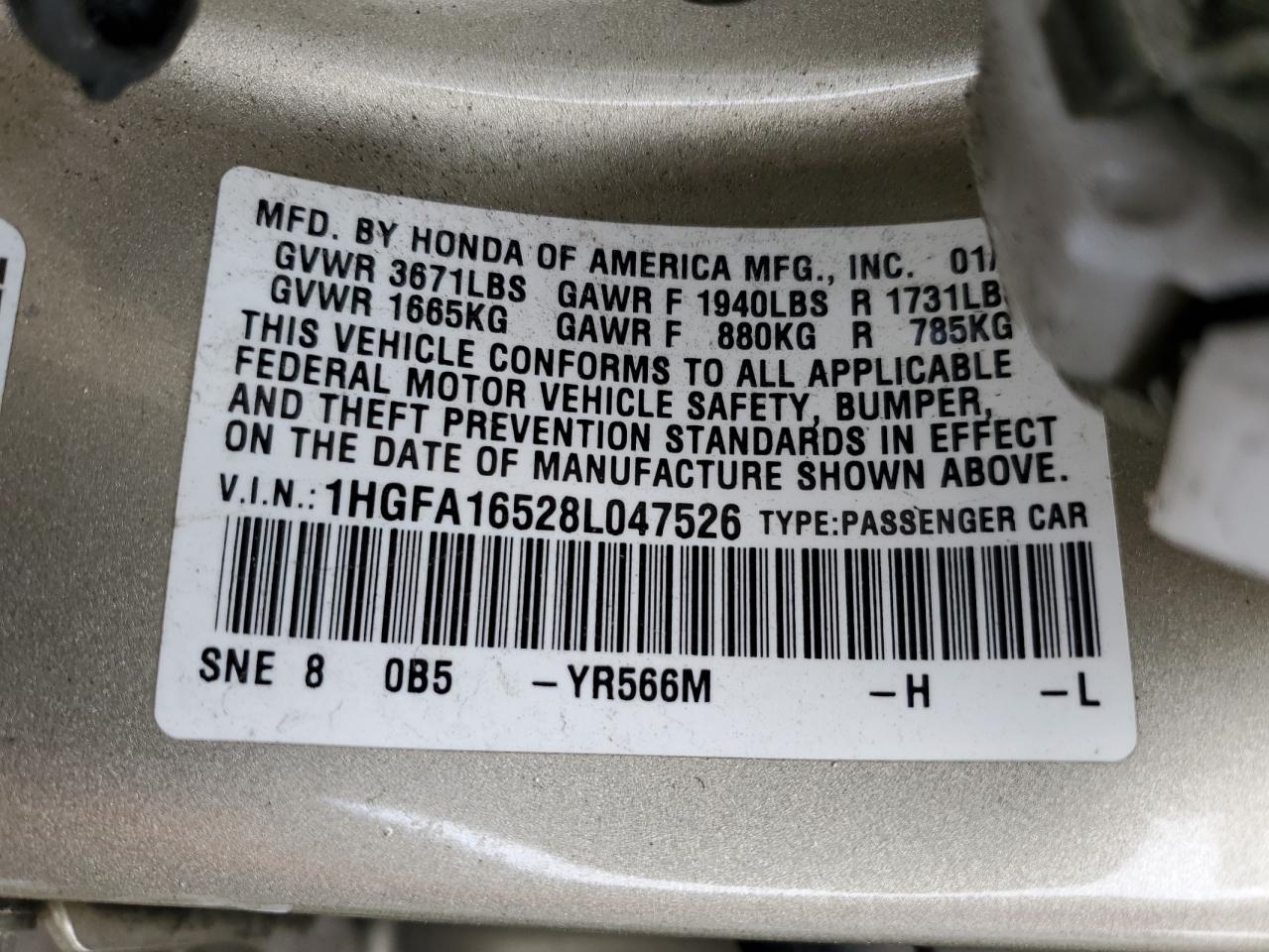 2008 Honda Civic VIN 1HGFA16528L047526 Copart auction photo, side / minor dent/scratches damage thumbnail 12