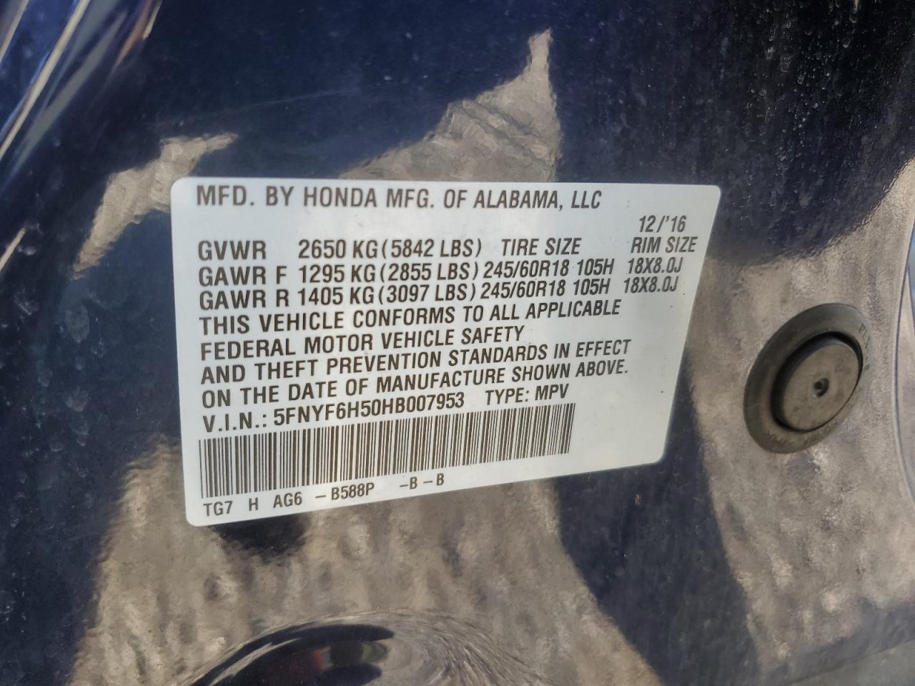 2017 Honda Pilot VIN 5FNYF6H50HB007953 Copart auction photo, front end / side damage thumbnail 16