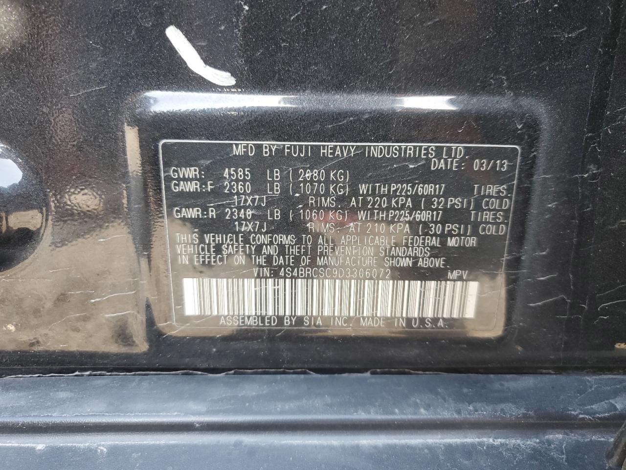 2013 Subaru Outback VIN 4S4BRCSC9D3306072 Copart auction photo, front end damage thumbnail 13