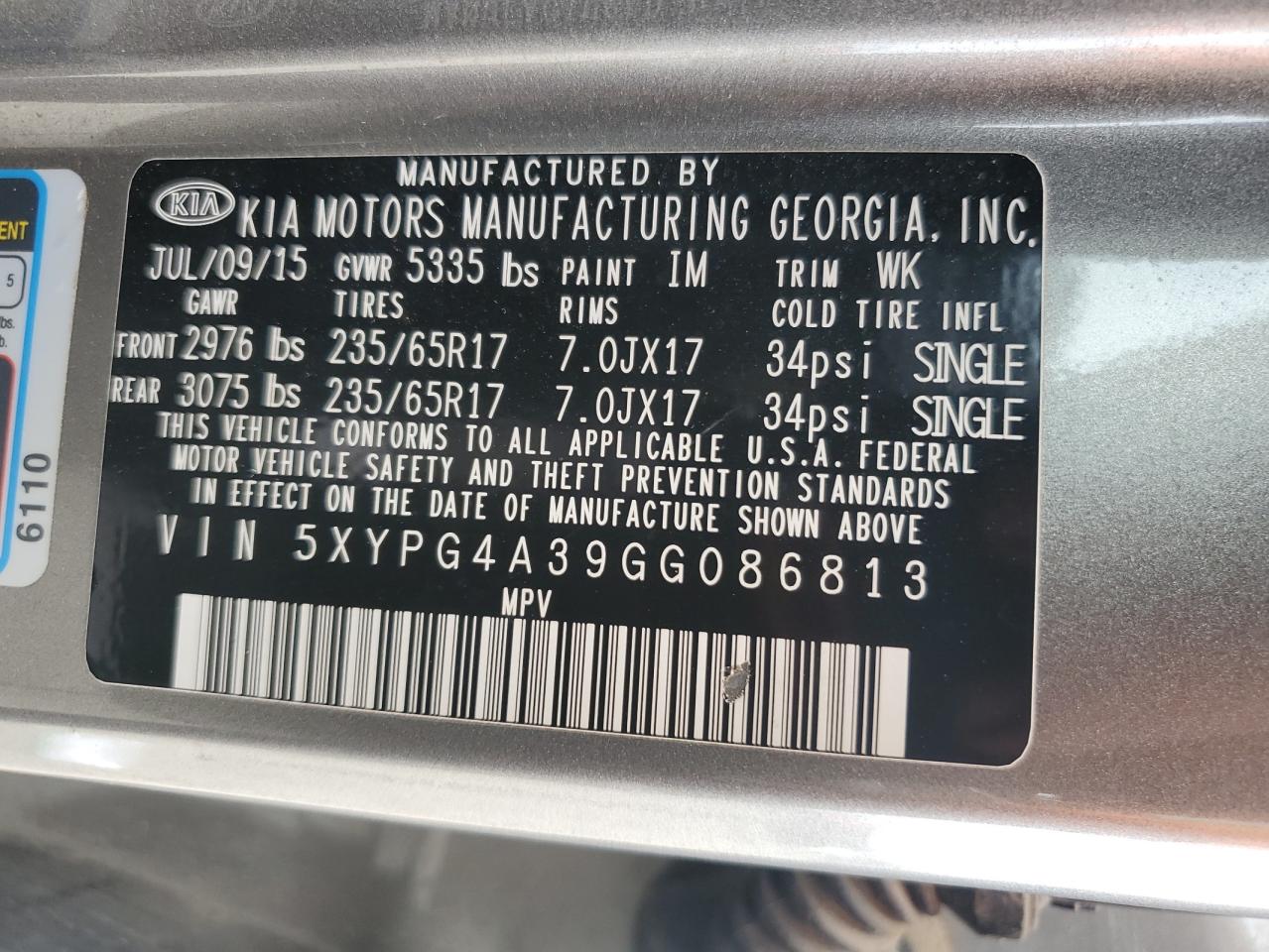 2016 KIA Sorento VIN 5XYPG4A39GG086813 Copart auction photo, mechanical damage thumbnail 15