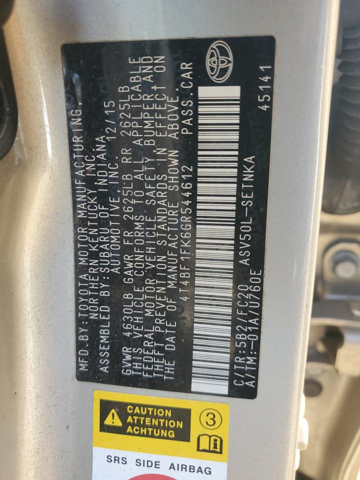 2016 Toyota Camry VIN 4T4BF1FK6GR544612 Copart auction photo, front end damage thumbnail 13