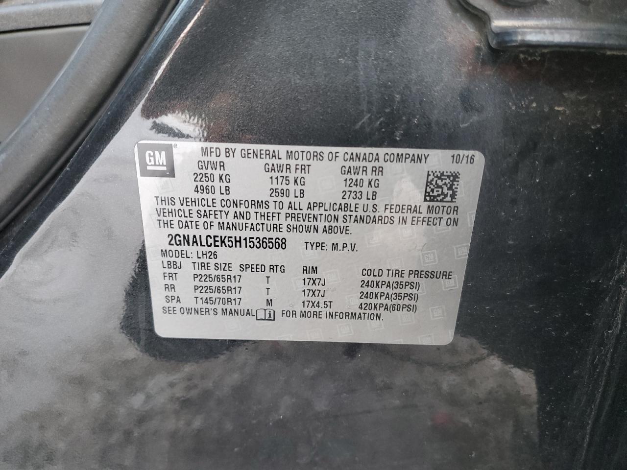 2017 Chevrolet Equinox VIN 2GNALCEK5H1536568 Copart auction photo, front end damage thumbnail 13