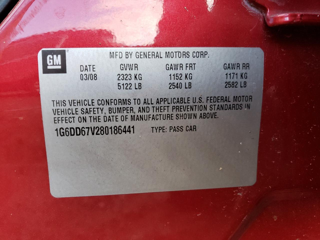 2008 Cadillac STS VIN 1G6DD67V280186441 Copart auction photo, all over / top/roof damage thumbnail 12