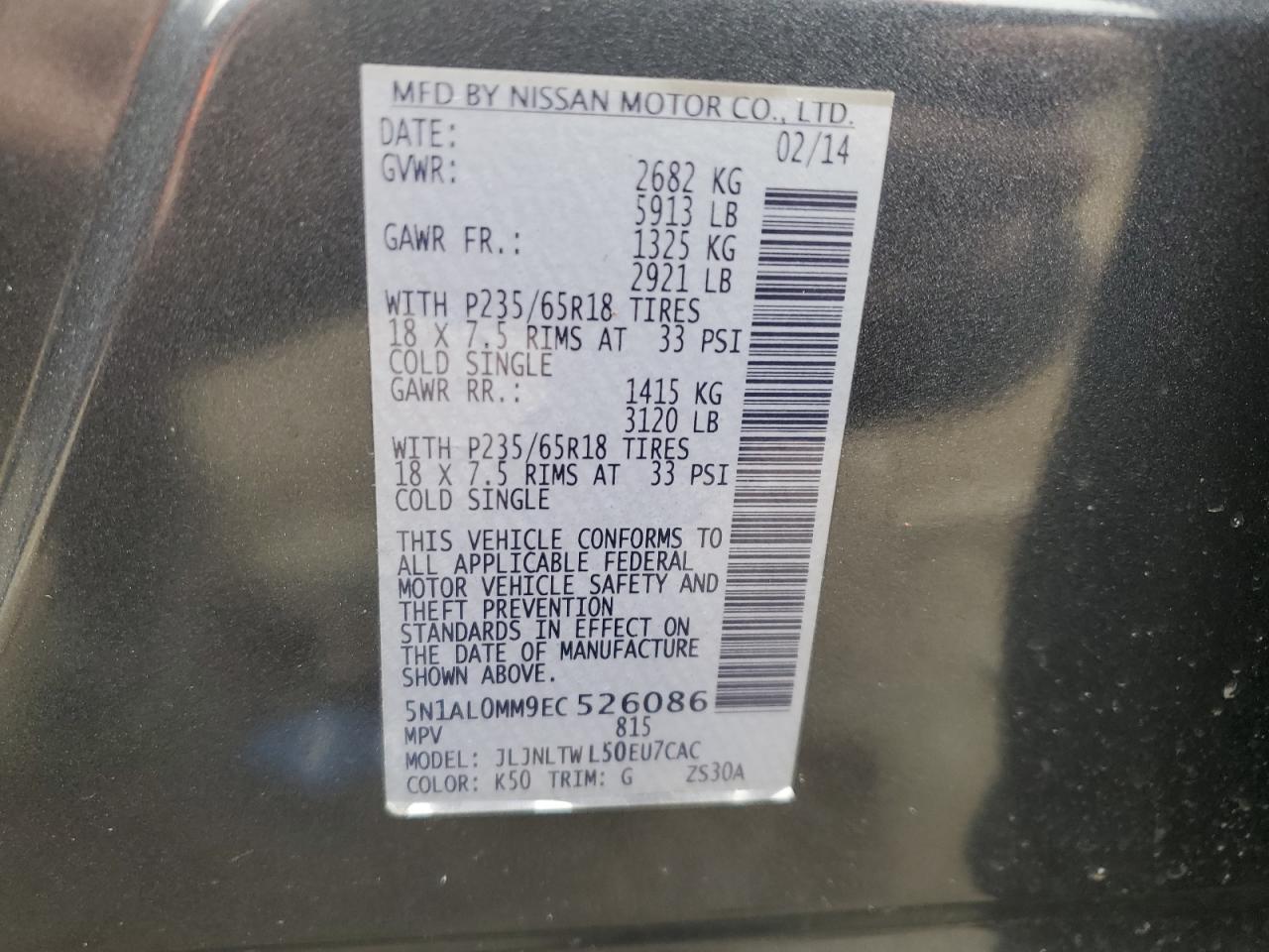 2014 Infiniti QX60 VIN 5N1AL0MM9EC526086 Copart auction photo, undercarriage / minor dent/scratches damage thumbnail 13