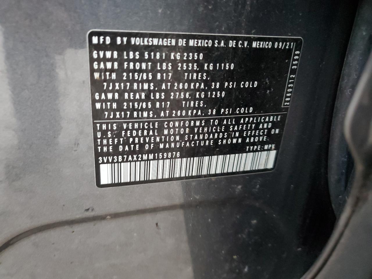 2021 Volkswagen Tiguan VIN 3VV3B7AX2MM159876 Copart auction photo, front end damage thumbnail 14